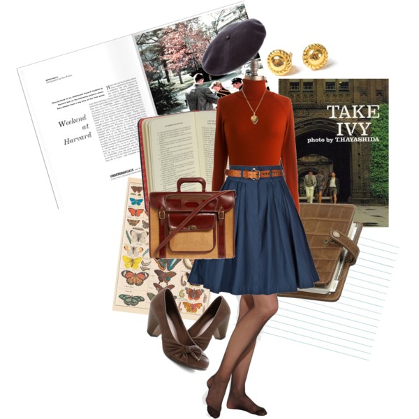 outfit set: red turtleneck, navy pleated midi skirt, brown stockings, brown leather pumps and messenger bag, black beret, gold heart locket necklace and stud earrings, various books and photos of Ivy campuses in the background